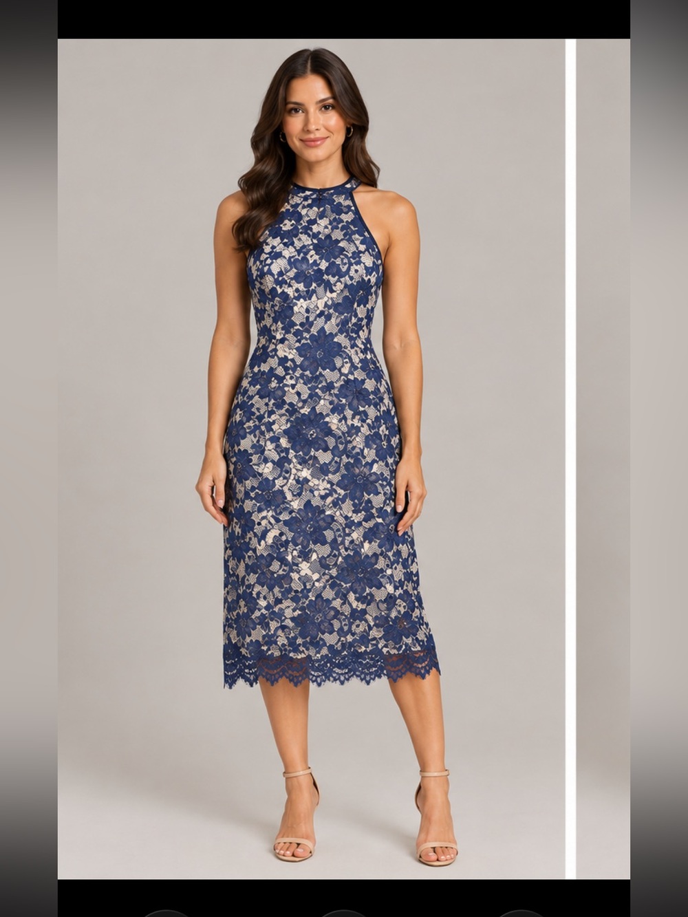 Beige and blue sleeveless lace midi cocktail dress Size M LIKE NEW
